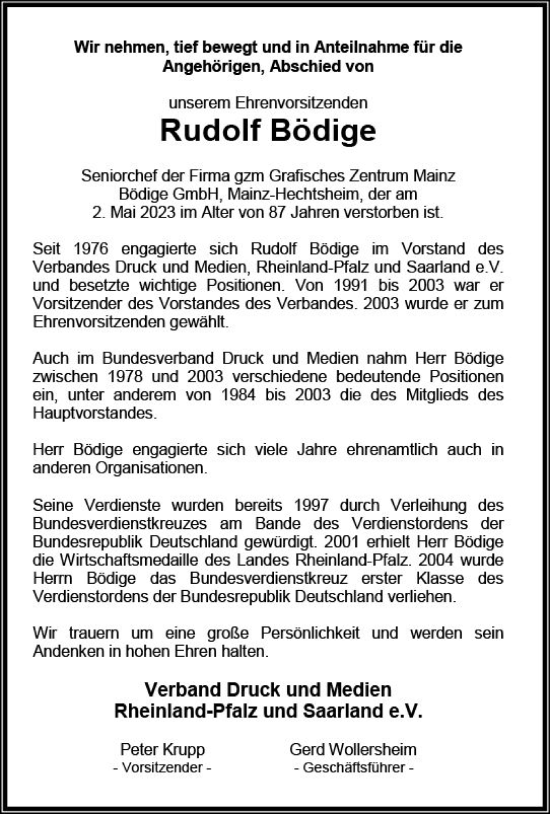 Traueranzeige von Rudolf Bödige von Allgemeine Zeitung Mainz