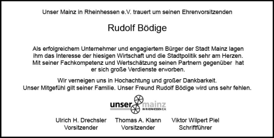 Traueranzeige von Rudolf Bödige von Allgemeine Zeitung Mainz