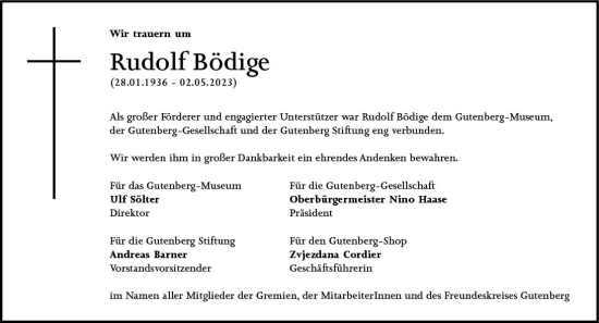Traueranzeige von Rudolf Bödige von Allgemeine Zeitung Mainz