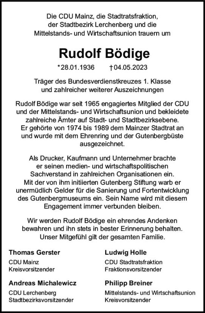  Traueranzeige für Rudolf Bödige vom 13.05.2023 aus Allgemeine Zeitung Mainz