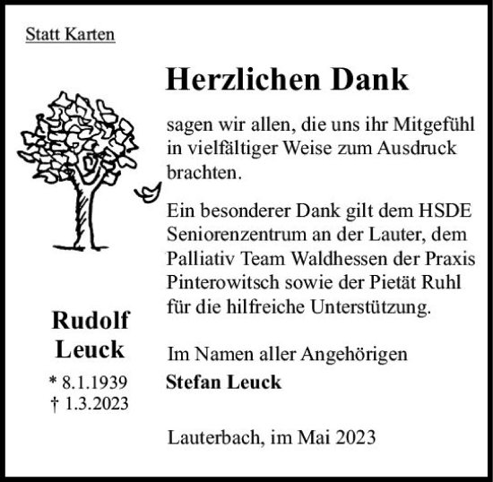 Traueranzeige von Rudolf Leuck von Oberhessen Kurier