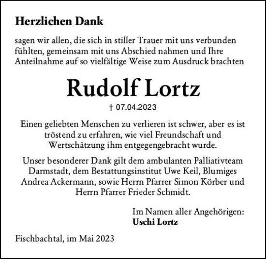 Traueranzeige von Rudolf Lortz von Darmstädter Echo