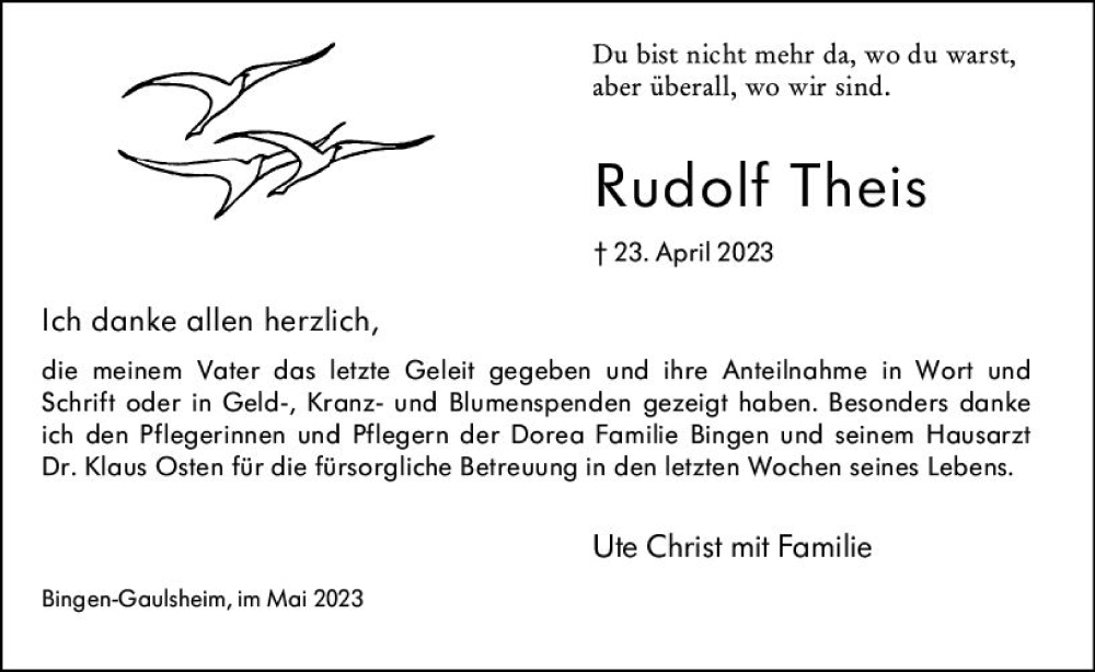  Traueranzeige für Rudolf Theis vom 20.05.2023 aus Allgemeine Zeitung Bingen/Ingelheim