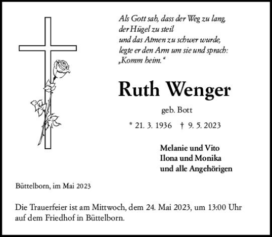 Traueranzeige von Ruth Wenger von Groß-Gerauer Echo