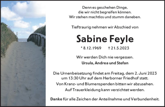 Traueranzeige von Sabine Feyle von Dill Block