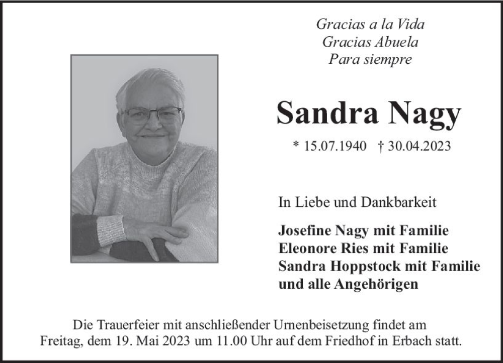 Traueranzeige für Sandra Nagy vom 06.05.2023 aus Odenwälder Echo