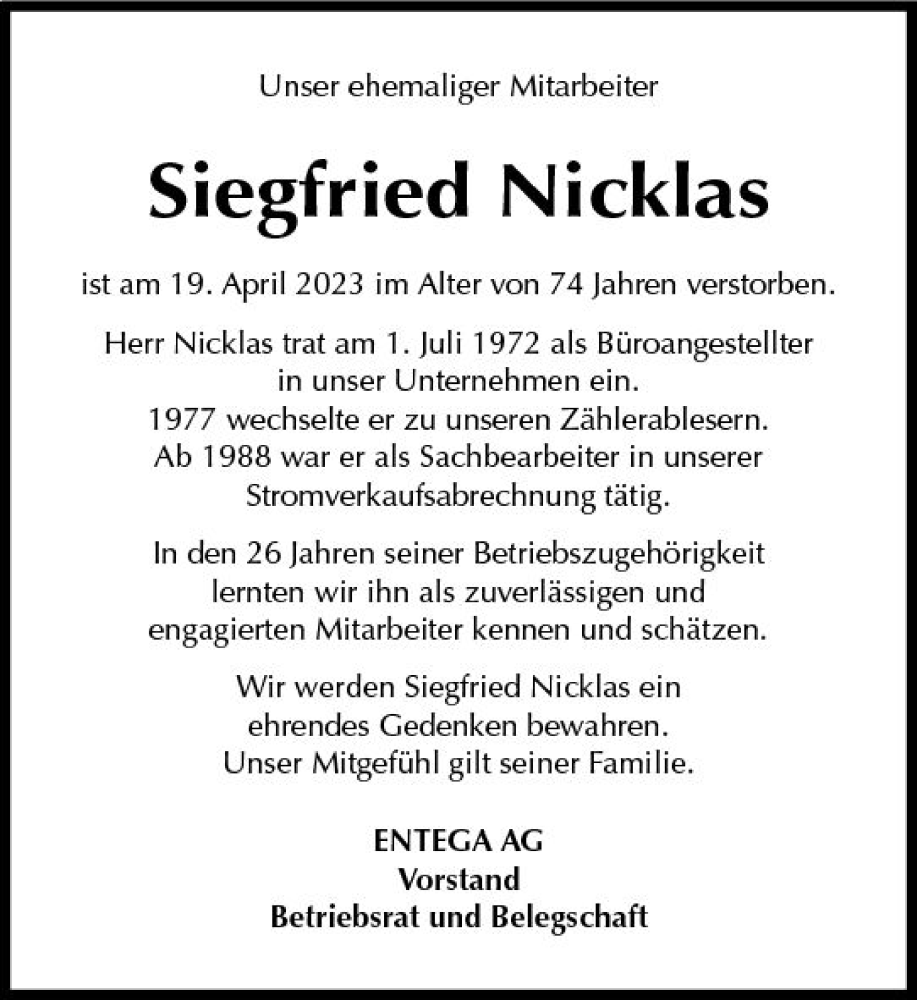  Traueranzeige für Siegfried Nicklas vom 06.05.2023 aus Odenwälder Echo