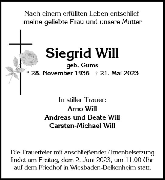 Traueranzeige von Siegrid Will von Wiesbadener Kurier