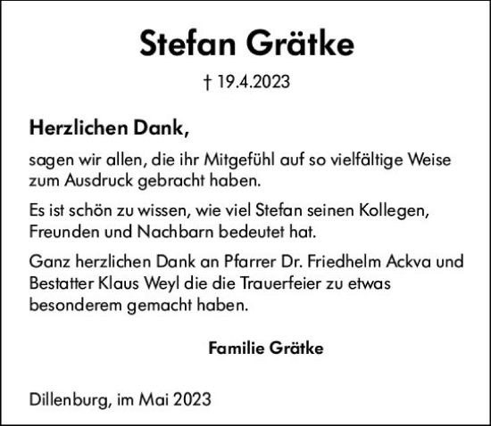 Traueranzeige von Stefan Grätke von Dill Block
