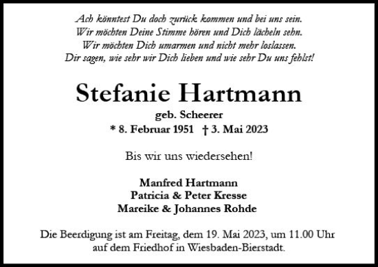 Traueranzeige von Stefanie Hartmann von Wiesbadener Kurier