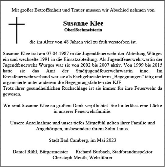 Traueranzeige von Susanne Klee von Camberger Anzeiger