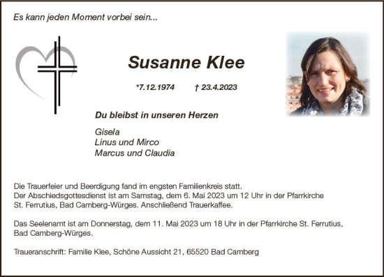 Traueranzeige von Susanne Klee von Camberger Anzeiger