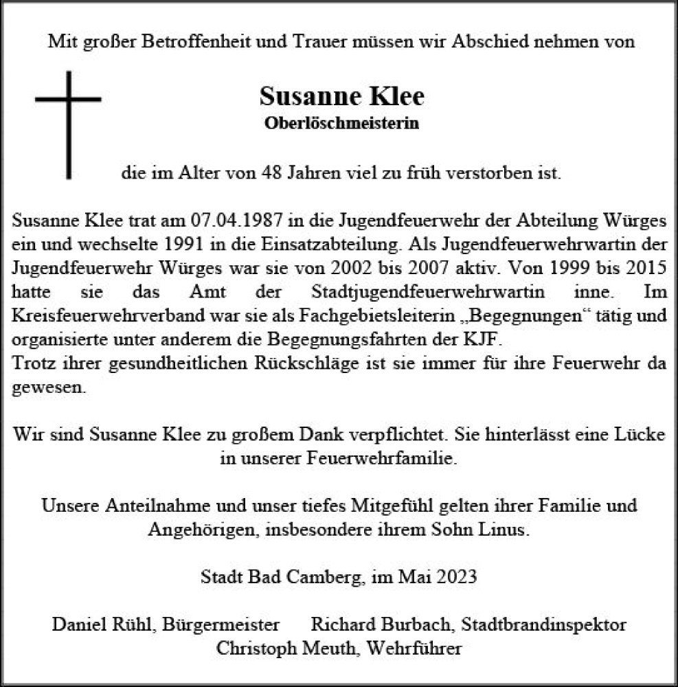  Traueranzeige für Susanne Klee vom 04.05.2023 aus Camberger Anzeiger