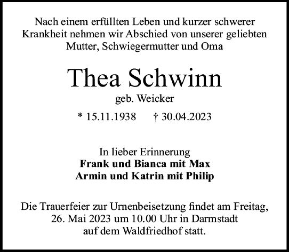  Traueranzeige für Thea Schwinn vom 06.05.2023 aus Darmstädter Echo