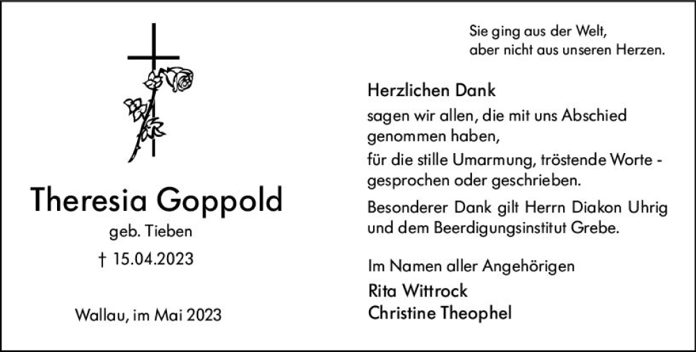  Traueranzeige für Theresia Goppold vom 20.05.2023 aus Hinterländer Anzeiger