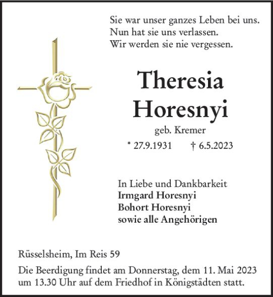 Traueranzeige von Theresia Horesnyi von Rüsselsheimer Echo