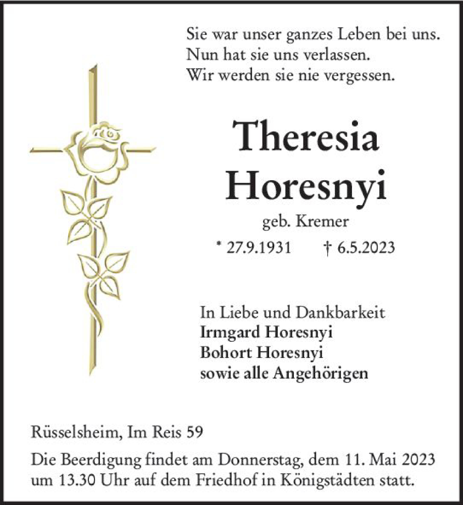  Traueranzeige für Theresia Horesnyi vom 10.05.2023 aus Rüsselsheimer Echo