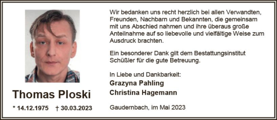 Traueranzeige von Thomas Ploski von Weilburger Tageblatt