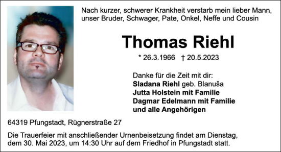 Traueranzeige von Thomas Riehl von Darmstädter Echo