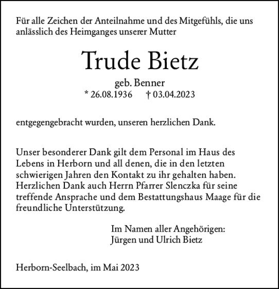  Traueranzeige für Trude Bietz vom 09.05.2023 aus Dill Block