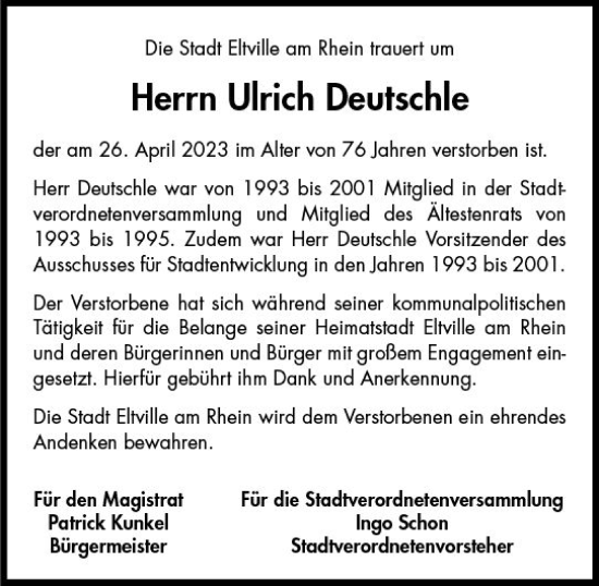 Traueranzeige von Ulrich Deutschle von Rheingau Kurier
