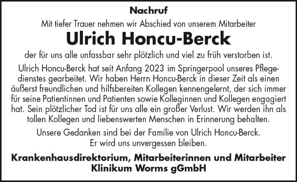  Traueranzeige für Ulrich Honcu-Berck vom 27.05.2023 aus Wormser Zeitung