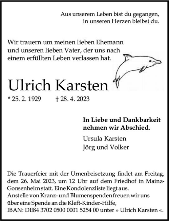 Traueranzeige von Ulrich Karsten von Allgemeine Zeitung Mainz