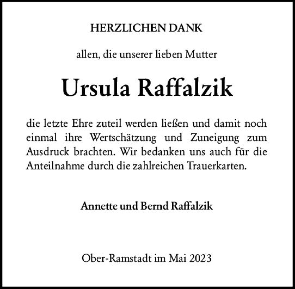  Traueranzeige für Ursula Raffalzik vom 13.05.2023 aus Darmstädter Echo