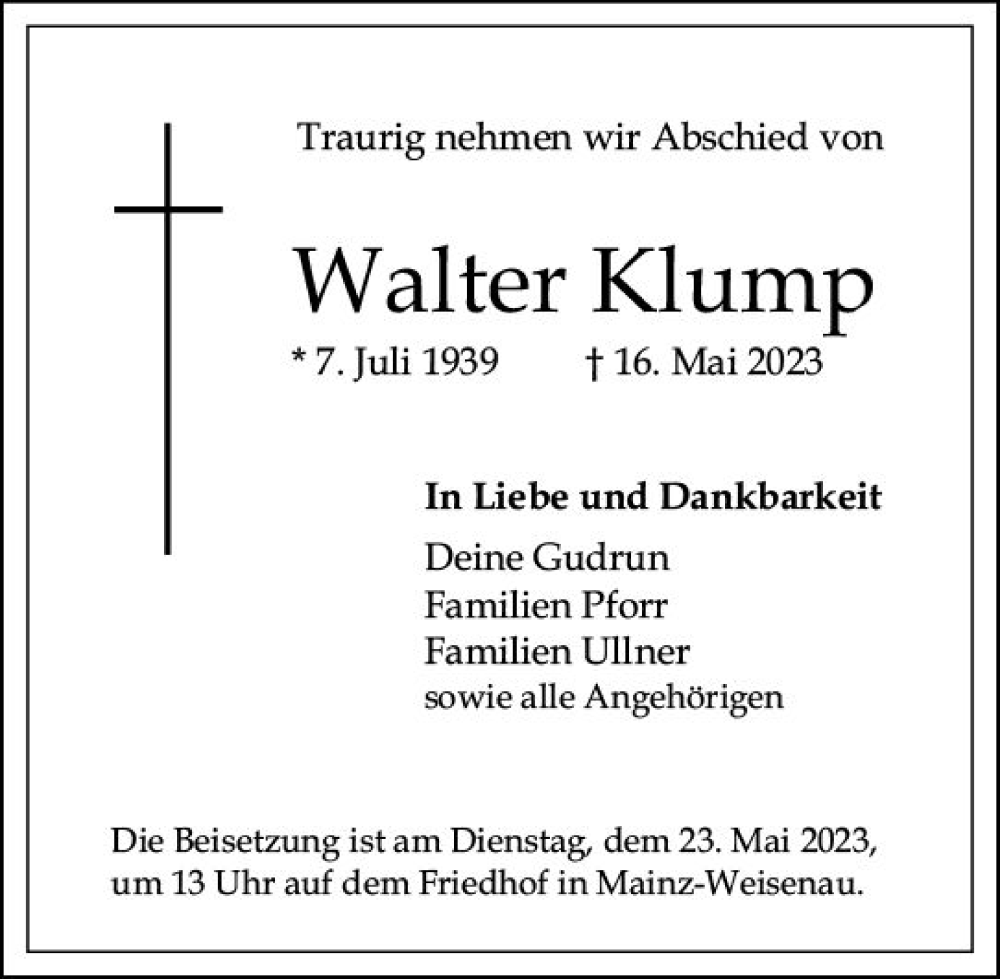 Traueranzeige für Walter Klump vom 20.05.2023 aus Allgemeine Zeitung Mainz