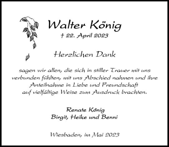 Traueranzeige von Walter König von Wiesbadener Kurier