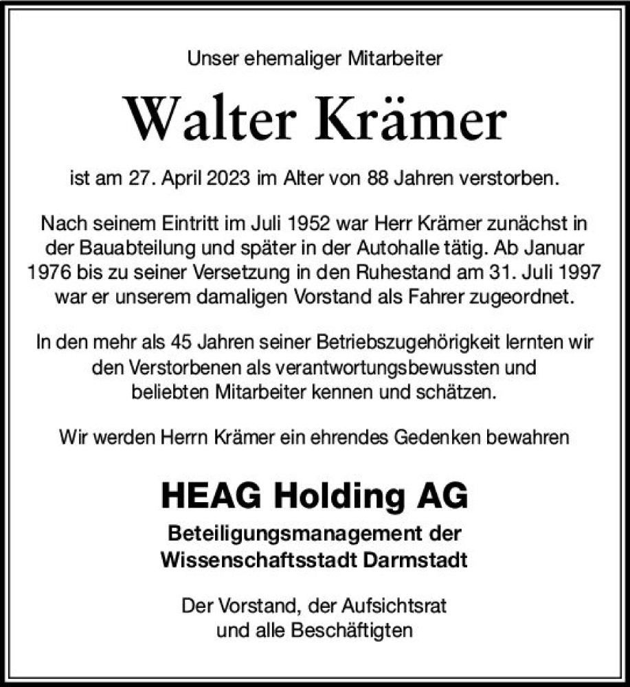  Traueranzeige für Walter Krämer vom 11.05.2023 aus Darmstädter Echo