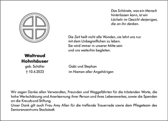 Traueranzeige von Waltraud Hohnhäuser von Rüsselsheimer Echo