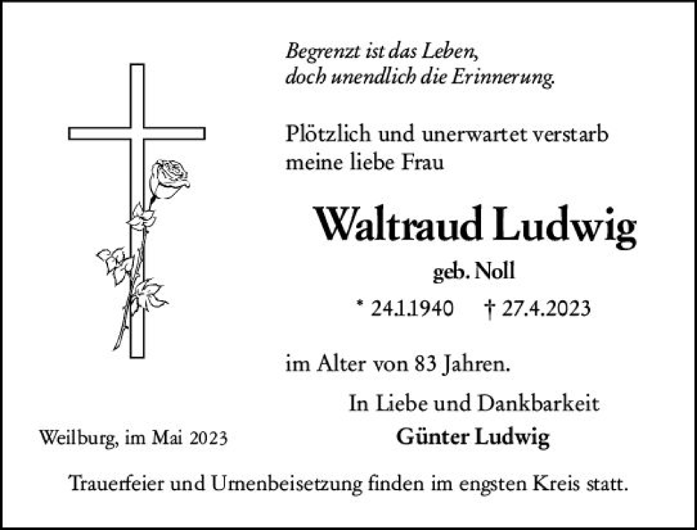  Traueranzeige für Waltraud Ludwig vom 06.05.2023 aus Weilburger Tageblatt