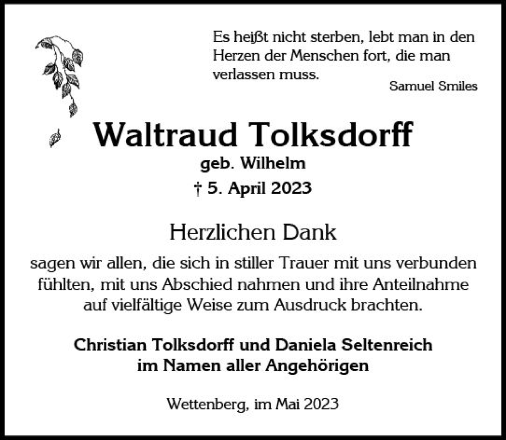  Traueranzeige für Waltraud Tolksdorff vom 13.05.2023 aus Wiesbadener Kurier