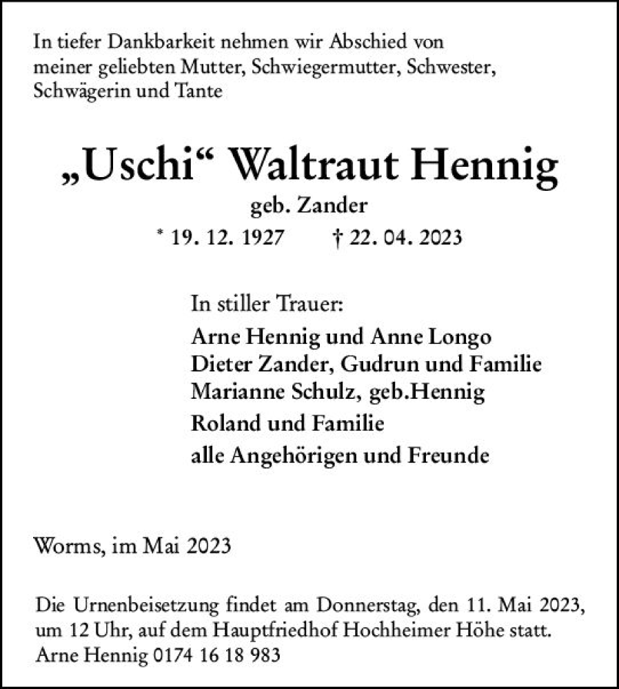  Traueranzeige für Waltraut Hennig vom 10.05.2023 aus Wormser Zeitung
