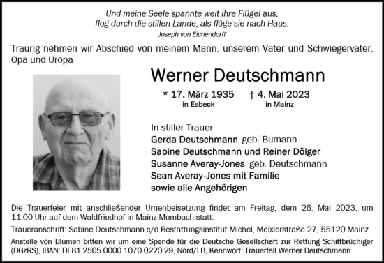 Traueranzeige von Werner Deutschmann von Allgemeine Zeitung Mainz