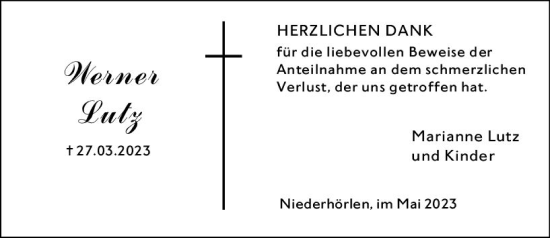 Traueranzeige von Werner Lutz von Hinterländer Anzeiger