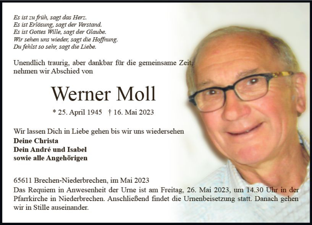  Traueranzeige für Werner Moll vom 20.05.2023 aus Nassauische Neue Presse
