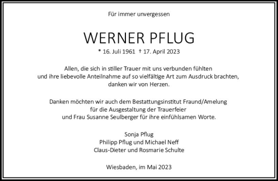 Traueranzeige von Werner Pflug von Wiesbadener Kurier