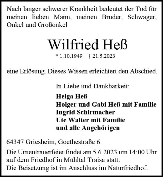 Traueranzeige von Wilfried Heß von Darmstädter Echo
