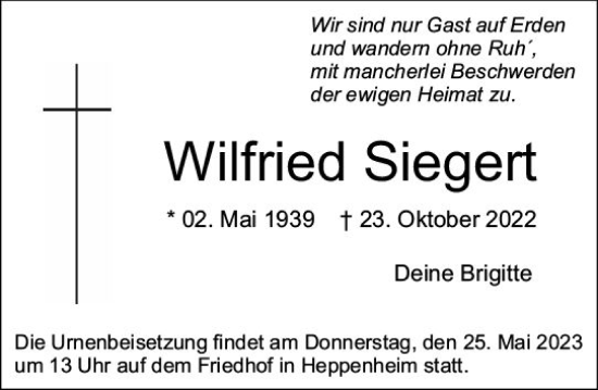 Traueranzeige von Wilfried Siegert von Starkenburger Echo