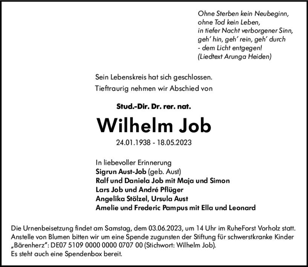  Traueranzeige für Wilhelm Job vom 27.05.2023 aus Allgemeine Zeitung Alzey