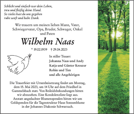 Traueranzeige von Wilhelm Naas von Odenwälder Echo