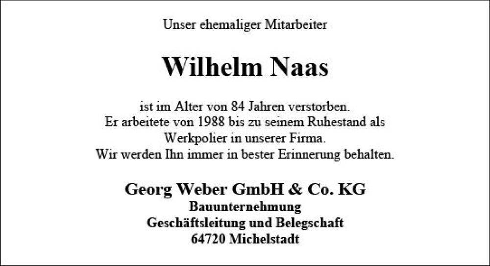  Traueranzeige für Wilhelm Naas vom 25.05.2023 aus Odenwälder Echo