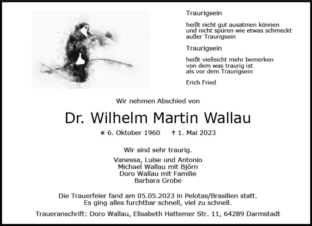  Traueranzeige für Wilhelm Martin Wallau vom 20.05.2023 aus Allgemeine Zeitung Mainz