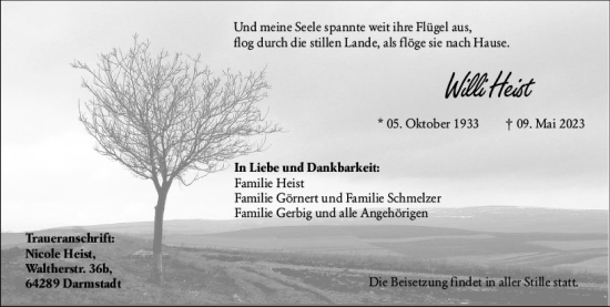 Traueranzeige von Willi Heist von Odenwälder Echo