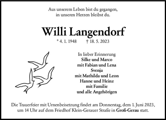 Traueranzeige von Willi Langendorf von Groß-Gerauer Echo