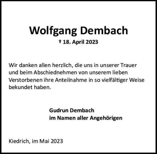 Traueranzeige von Wolfgang Dembach von Wiesbadener Kurier