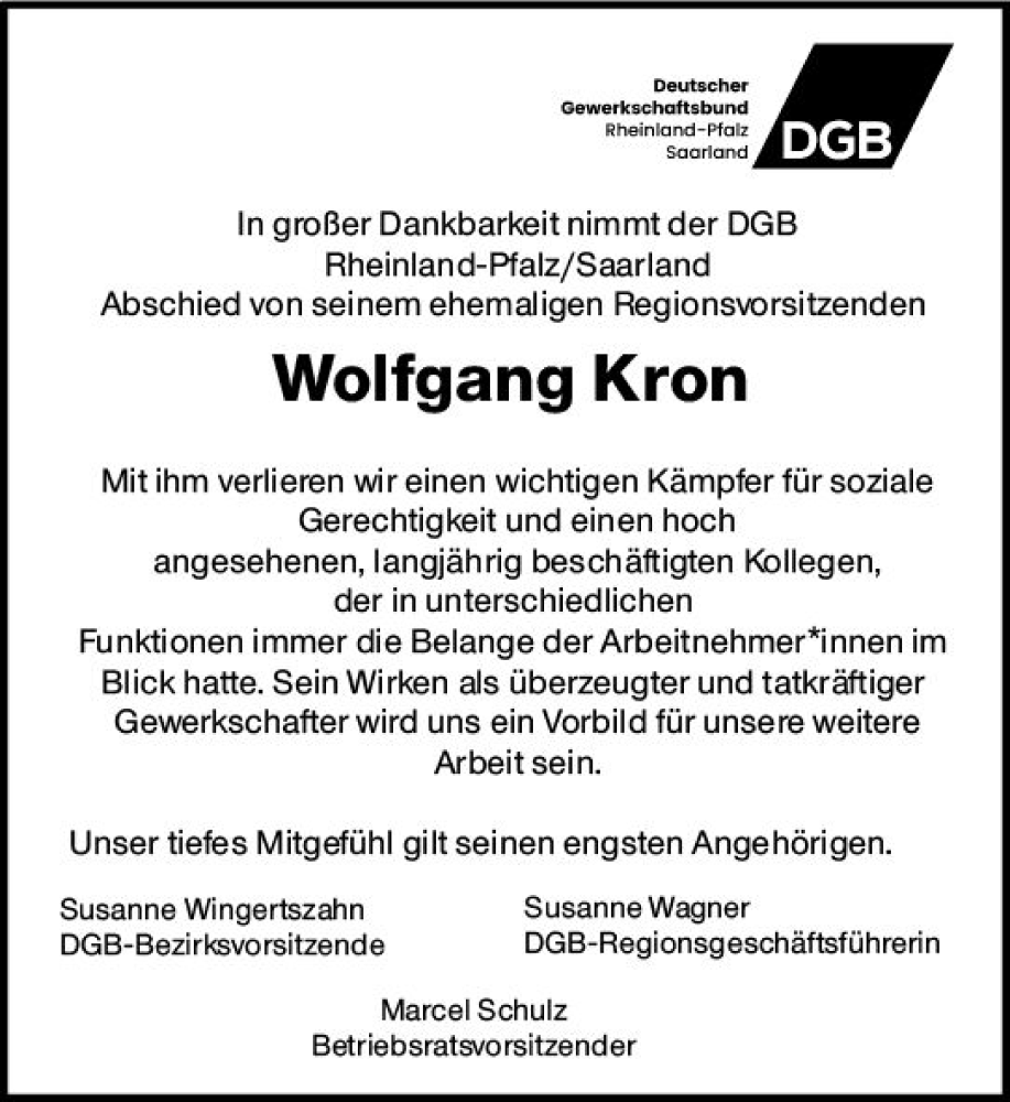  Traueranzeige für Wolfgang Kron vom 13.05.2023 aus Allgemeine Zeitung Mainz