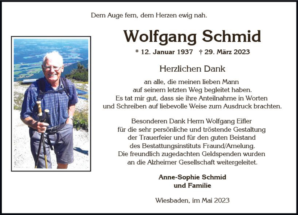  Traueranzeige für Wolfgang Schmid vom 06.05.2023 aus Wiesbadener Kurier